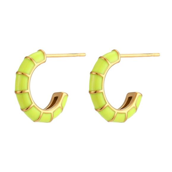 Neon Yellow Enamel Bamboo C Shape Hoop Huggie Earrings 18K Gold Plated - Picture 1 of 5